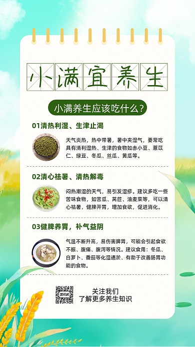 小满时节养生绿色卡通插画节气手机海报