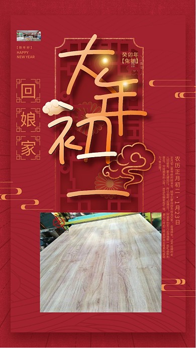 简约红色回娘家癸卯年新年兔年年俗初二海报