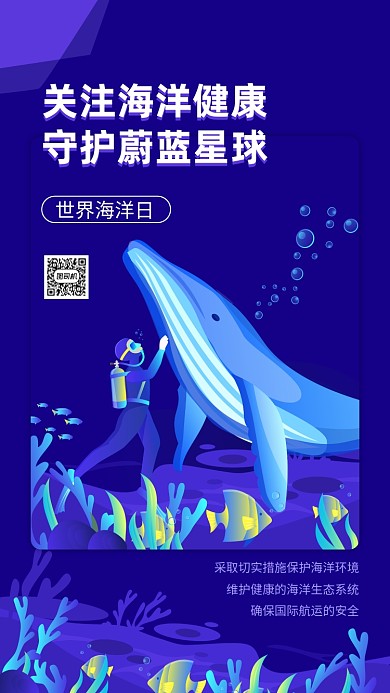 世界海洋日蓝色扁平手机海报