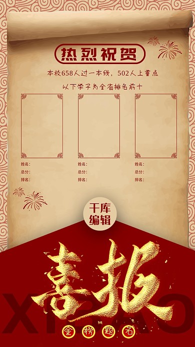 高考喜报纸张红色复古海报