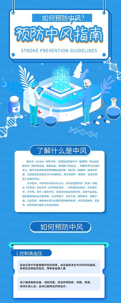 蓝色简约减轻体重戒烟预防中风科普信息长图