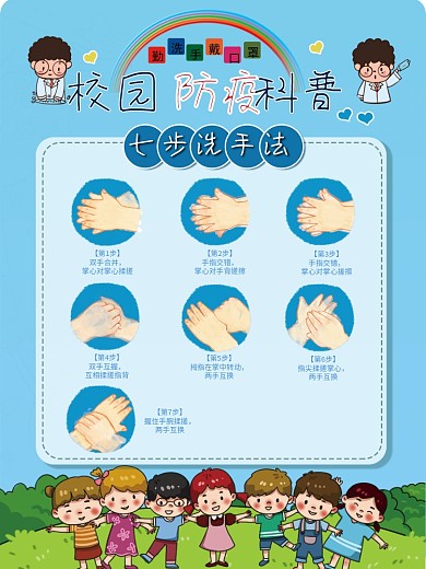 校园防疫指南幼儿园七步洗手法海报设计