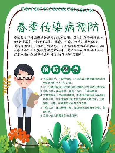 春季健康宣传海报小清新绿色背景卡通医疗图