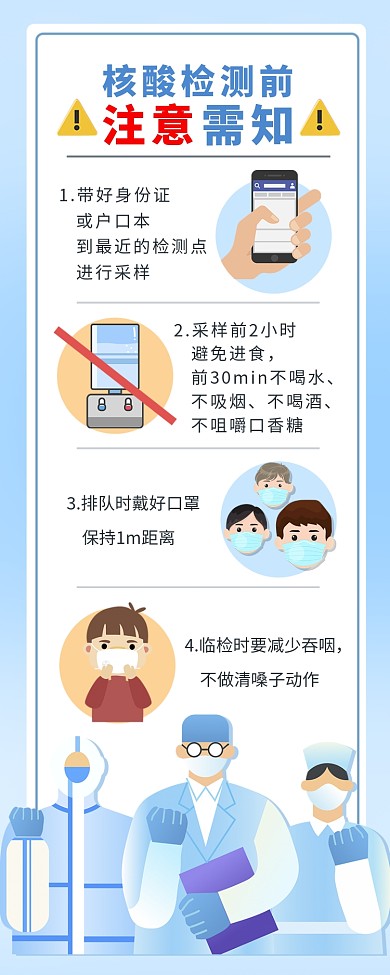 核酸检测检测前注意事项蓝白色系简约风营销长图