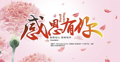 感恩节感恩有你康乃馨花瓣鲜花电商海报
