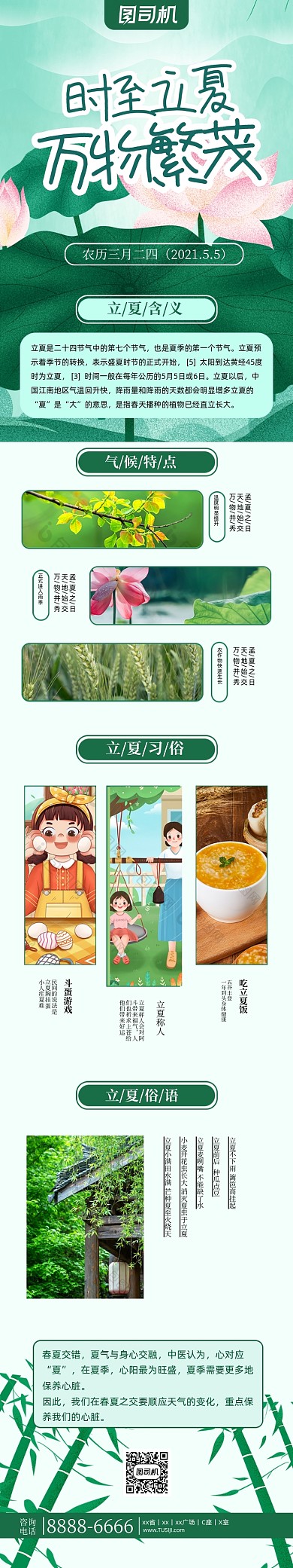 立夏节气绿色卡通文章长图
