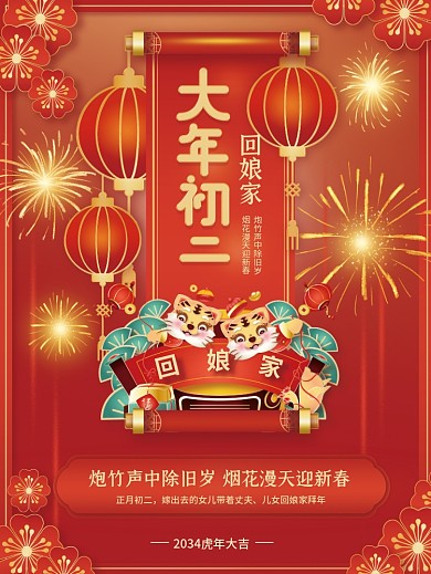 红色2034正月初二回娘家年俗传统节日系列海报