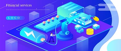 2.5d蓝色生产操作机器物流办公渐变插画