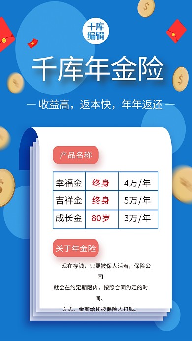 年金险保险投资蓝色简约海报