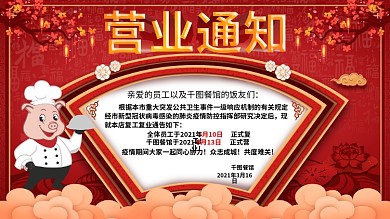 2020疫情之后餐馆饭店营业复工通知展板