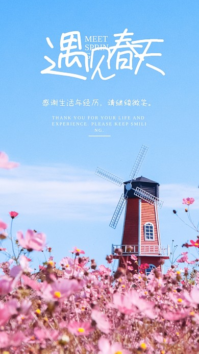 简约小清新蓝天花海风车励志朋友圈日签海报