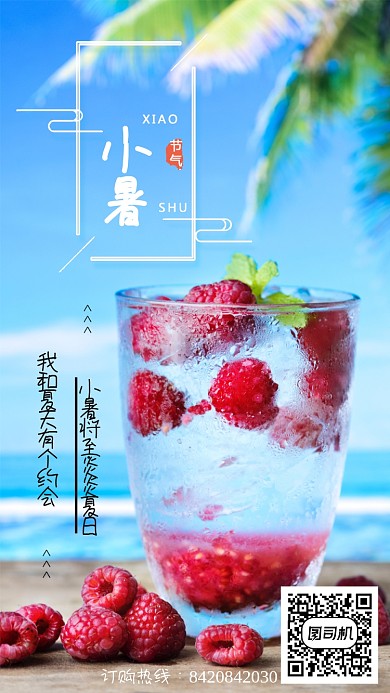 蓝色简约节日节气小暑手机海报