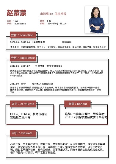 金融理财人才简历
