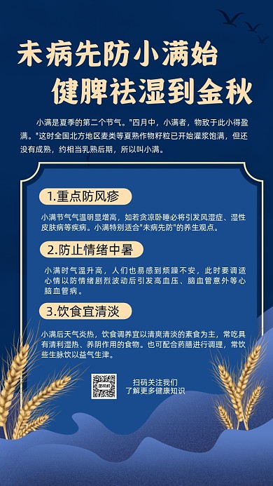 小满时节养生蓝色简约节气手机海报