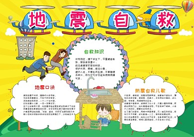 黄色卡通地震自救漂亮手抄报模板