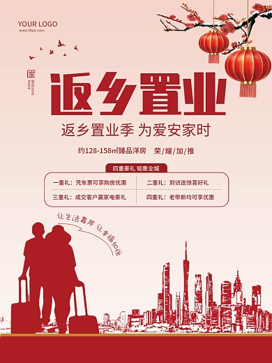 元旦春节返乡置业地产促销海报