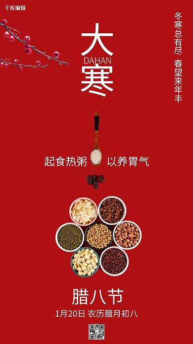 大寒腊八节五谷红色中国风海报