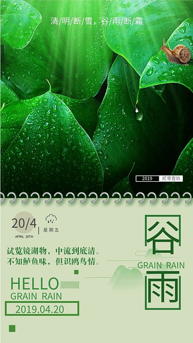 谷雨节气绿色植物雨滴露水清新手机海报