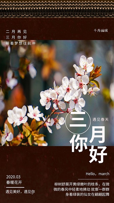 三月你好桃花盛开紫色中国风海报