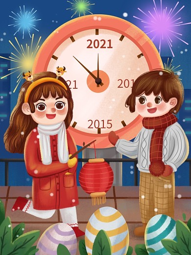 新年倒计时跨年元旦看烟花肌理欢快插画