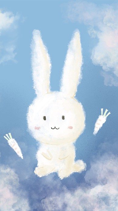 原创手绘蓝色云朵兔清新壁纸