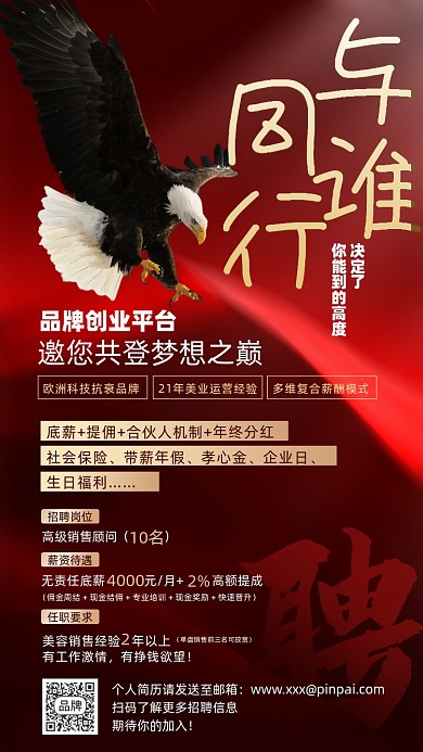 招聘精英红金色摄影图海报