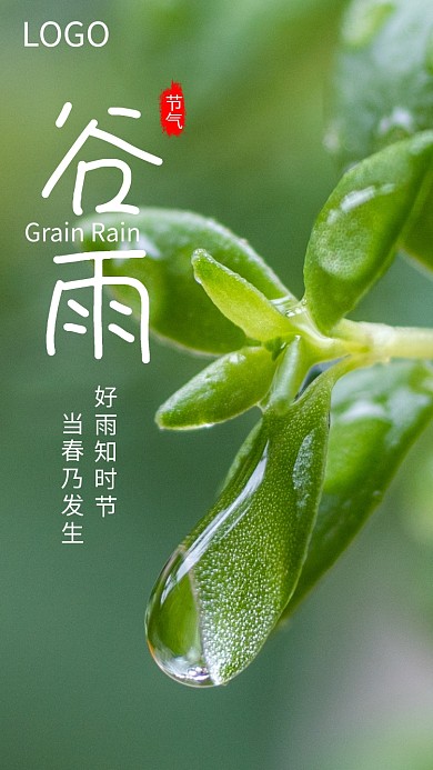 绿色简约谷雨二十四节气手机海报