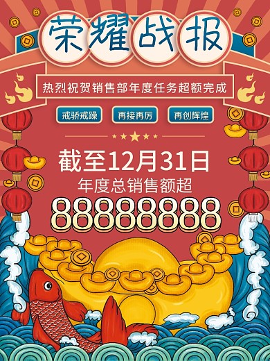 复古国潮金融保险年度销售喜报海报