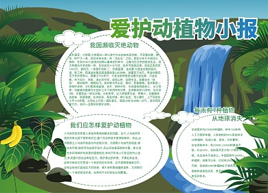 绿色卡通爱护动植物小报手抄报