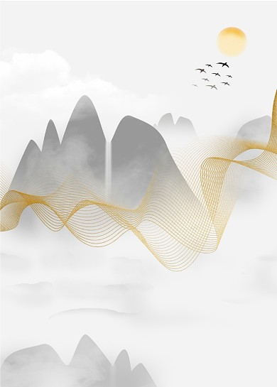 飞鸟新中式水墨山水金线装饰画