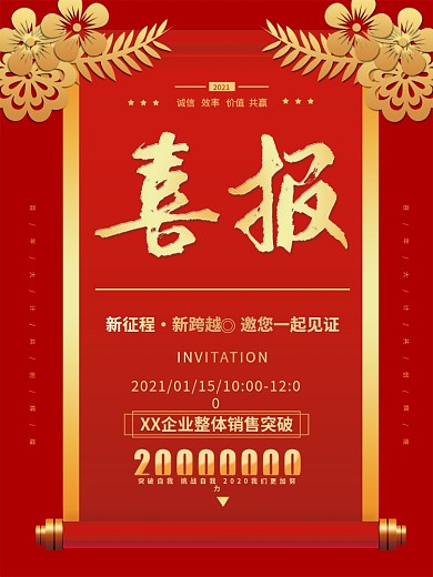 2021年销售喜报战报捷报海报红色金色
