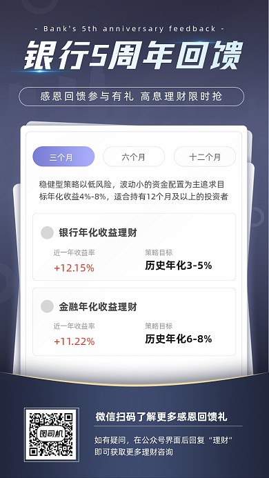 银行周年回馈金融理财商务大气手机海报