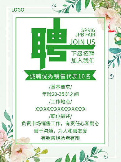 实用素材小清新花朵叶子边框招聘海报