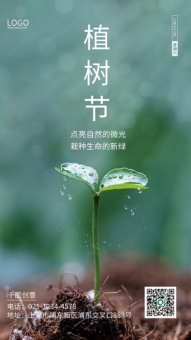 简约绿色春天树苗发芽植树节摄影图海报
