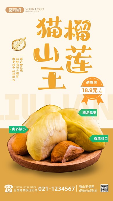 猫山王榴莲生鲜果蔬促销手机海报