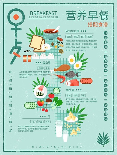 营养早餐美食健康搭配手绘清新插画海报