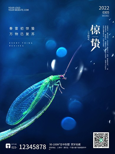 蓝色梦幻光影质感蜻蜓惊蛰节气海报