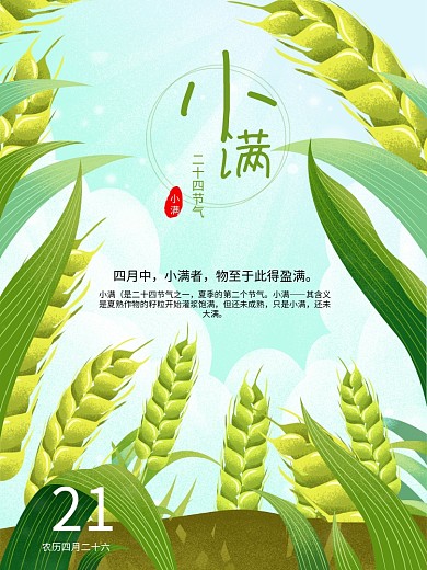 清新二十四节气小满麦穗插海报