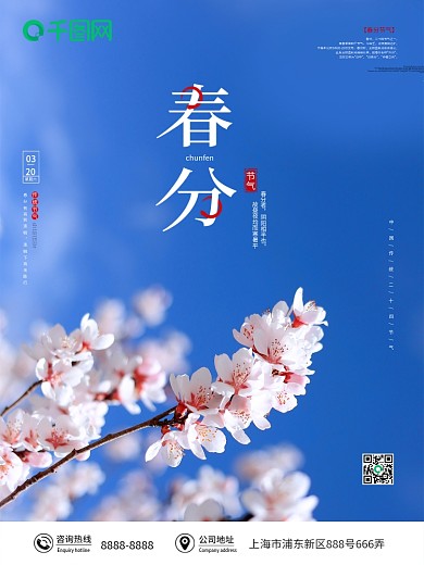 春天简约清新蓝色樱花春分节气海报