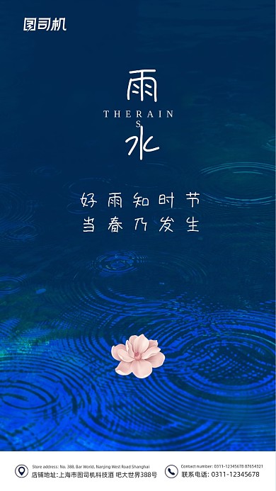 雨水节气蓝色大气简约手机海报