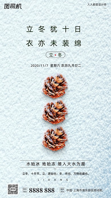 立冬节气摄影图雪地松果简约手机海报