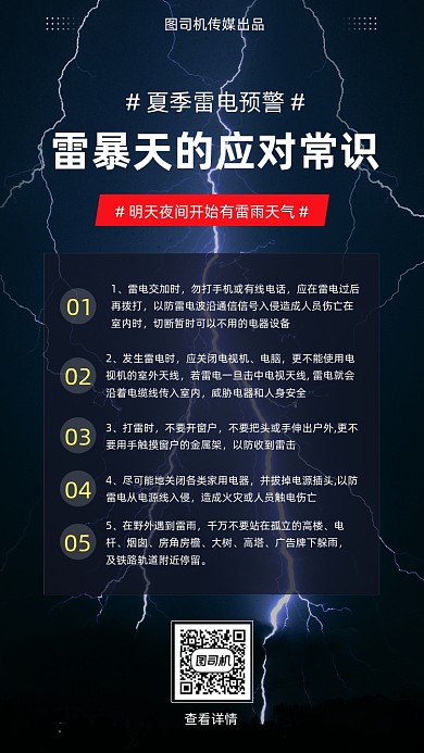 夏季雷雨天气防雷预防常识简约手机海报