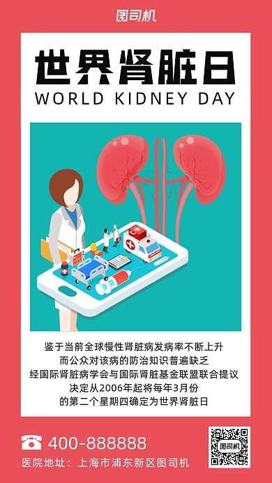 世界肾脏日红色简约风手机海报
