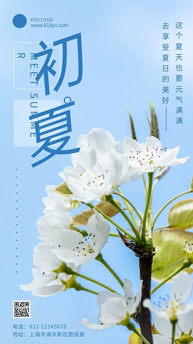 遇见初夏蓝色风景简约风摄影图海报