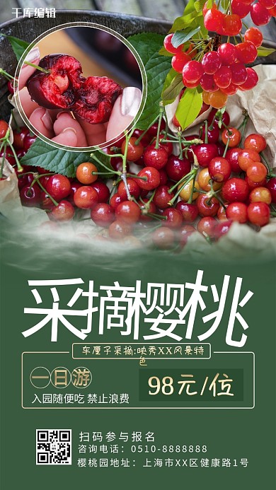 游玩樱桃绿色大气海报
