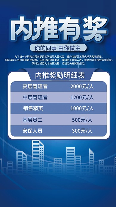 蓝色商务科技风内推奖励活动公示招聘海报