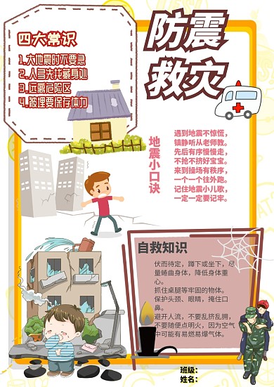 防震减灾救灾安全教育卡通小报手抄报模板