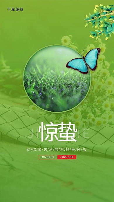 惊蛰蝴蝶绿色创意海报