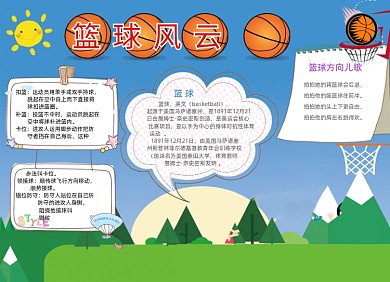 蓝色卡通篮球风云电子小报手抄报