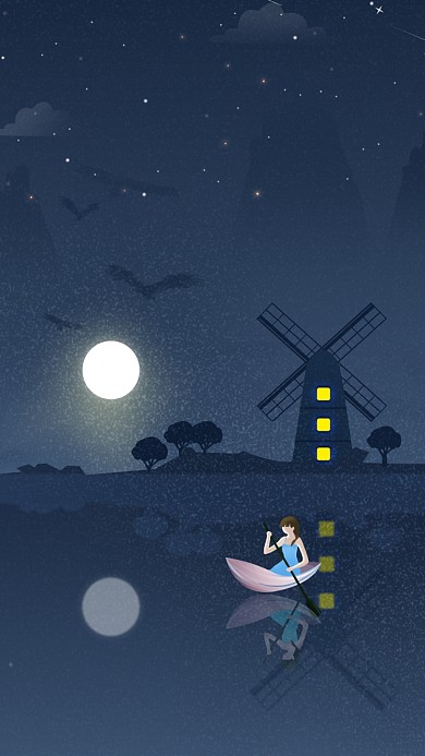 月夜主题深蓝背景插画手机壁纸